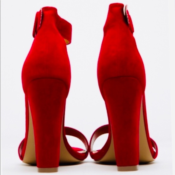 RED SUEDE CHUNKY ANKLE STRAP HEELS - Picture 5 of 5